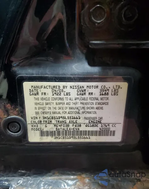 2005 Nissan Sentra 1.8 z USA, uszkodzony, nr VIN 3N1CB51D95L551661